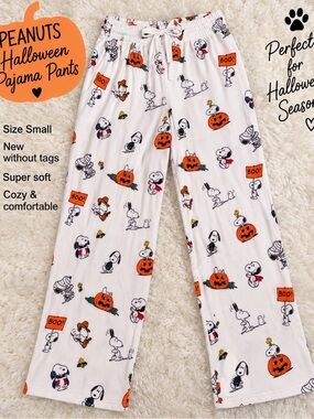 Peanuts White Halloween Pajama Pants with Orange Pumpkin & Black Snoopy Print